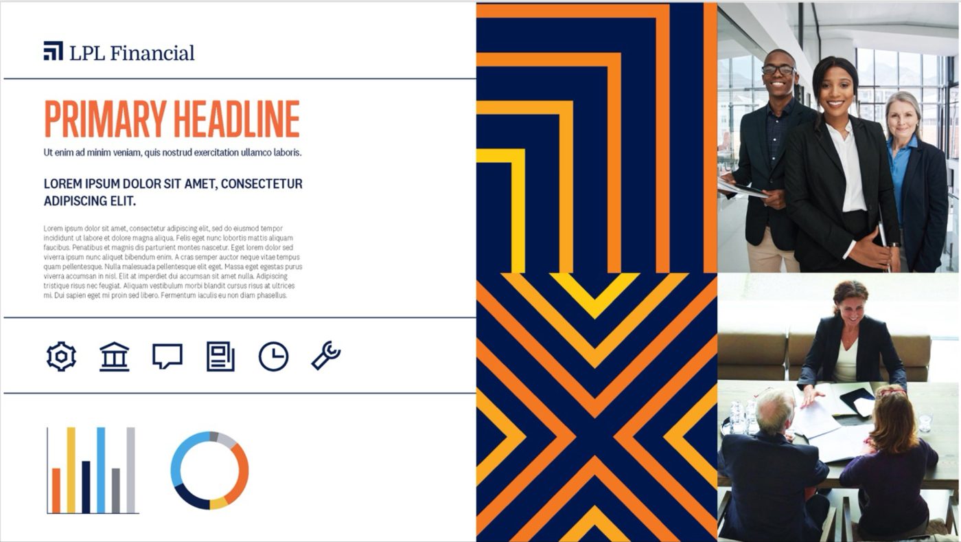 LPL Financial visual identity, before — bold orange and navy chevrons, condensed bold sans-serif, generic financial corporate stock photography.